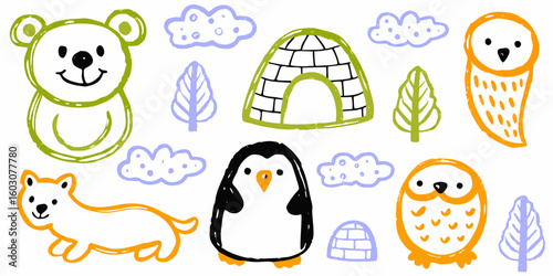 Kids doodle design, Naive baby nature sticker, colorful pencil illustration.