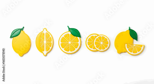 Set of vibrant yellow lemon fruit illustrations showing whole, cut in half, cross-section slice, and wedge on a clean white background.