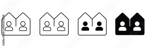 Modern icon set representing people within houses, symbolizing community, real estate, or shared living spaces, perfect for web design and branding.