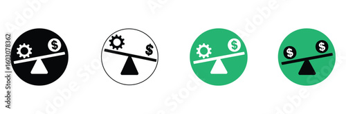Balancing gears and dollars on a scale symbolizes financial strategy, economic growth, and business investment decisions