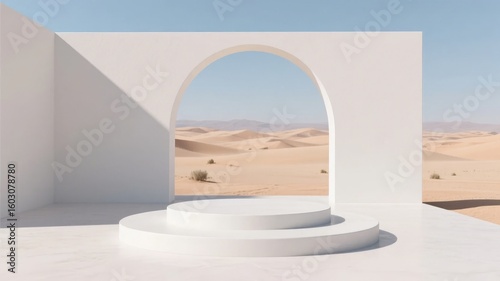 Minimalist white structure with archway framing a desert landscape
