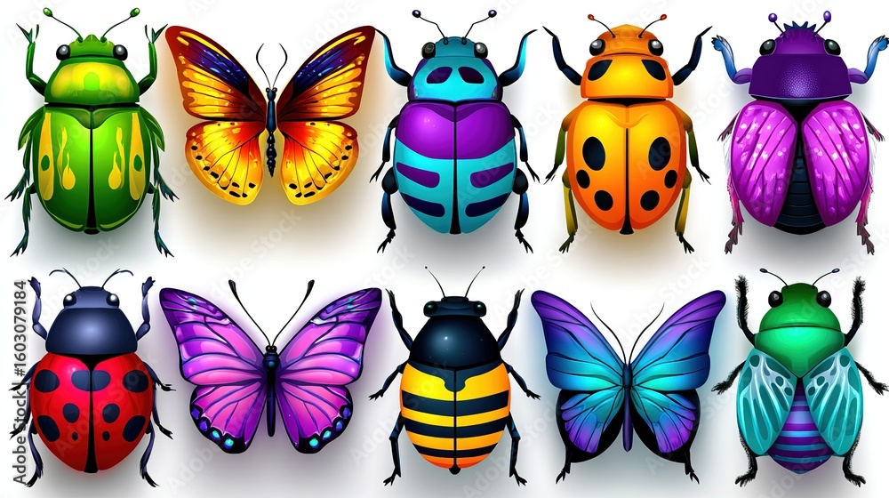 Fototapeta premium Colorful Beetle and Butterfly Variety on White Background