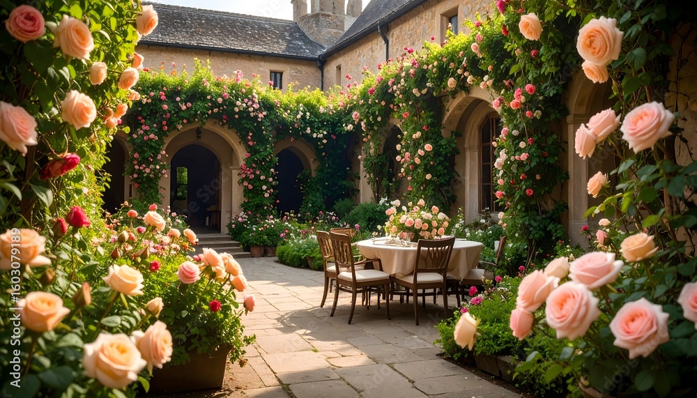 Naklejka premium Courtyard of Roses and Tablescape VUR