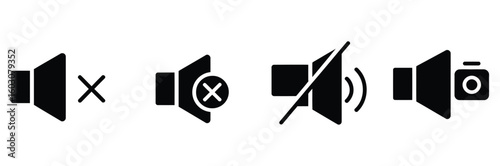 Diverse speaker icons represent mute, notification, volume control, and camera functions for modern digital interfaces and apps