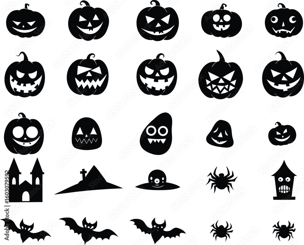 Fototapeta premium Vector art of a collection of halloween themed silhouettes is displayed on a white backdrop