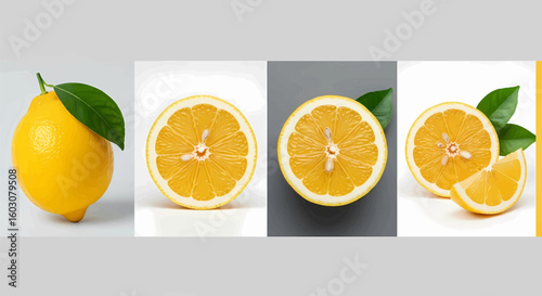 A creative collage of fresh yellow lemons, showing whole fruit, cross-sections, and wedges on modern grey and white backgrounds.