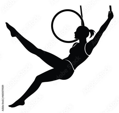 Elegant Silhouette of Female Aerialist Performing on Aerial Hoop Artistic Gymnastics and Fitness Illustration Strong Woman