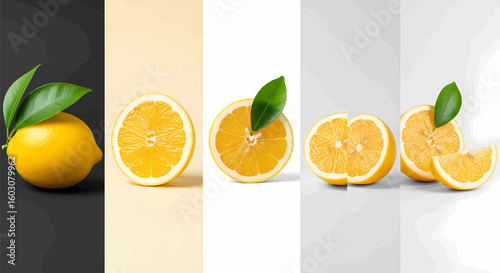 Creative collage showing the stages of a fresh yellow lemon from whole to sliced against a modern color block background.