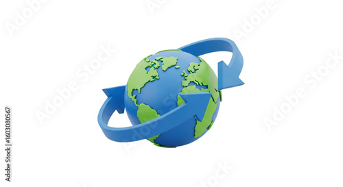 A stylized globe with blue and green continents, encircled by two blue arrows, representing global concepts.