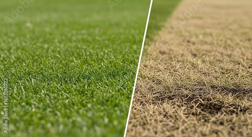 A split image showing a stark contrast between a healthy, lush green lawn and a dry, parched brown field.