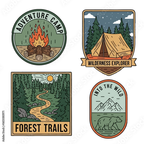 Adventure camp badge collection Hand-drawn outdoor label design: campfire logo, tent badge, forest hiking emblem, wild animal line icon. Perfect for patch, label, sticker print