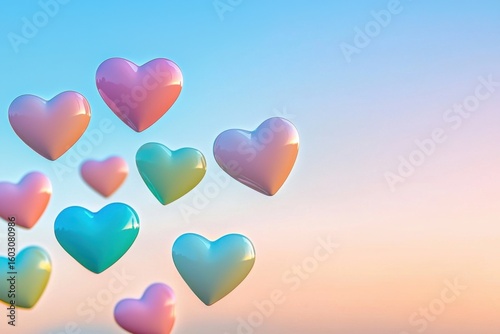 Colorful, glossy heart shapes float against a soft pastel gradient sky, evoking feelings of love and serenity.