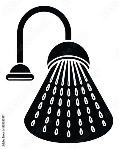 Minimalist black and white shower head illustration with flowing water for bathroom hygiene and sanitation concepts a fresh start