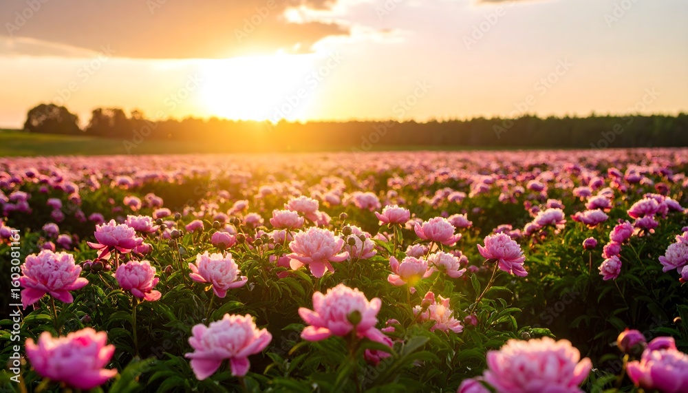 Fototapeta premium Pink peonies bloom at golden sunset