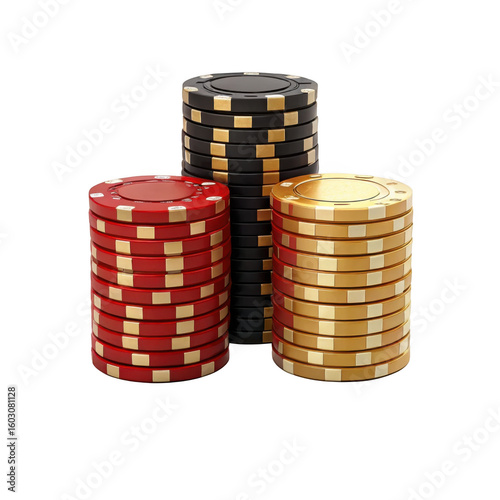 Three stacks of casino poker chips in red black and gold colors are neatly arranged on a transparent background