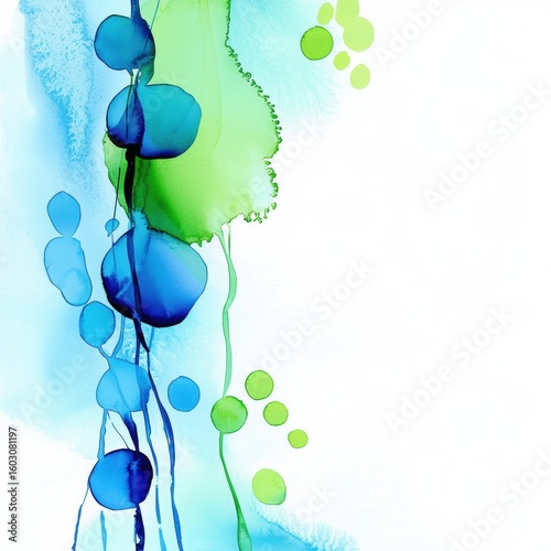 Abstract watercolor painting featuring vertical blue and green organic shapes blending on a white background.