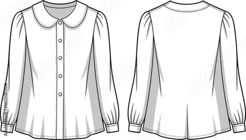 Elegant women’s blouse design, structured sleeves, pleated details, front and back view, sewing pattern, fashion sketch, cad drawing flat vector illustration