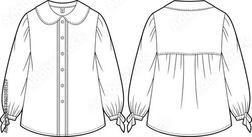 Long sleeve blouse with Peter Pan collar, button front, tie cuffs, front and back view, sewing pattern, cad drawing flat vector illustration
