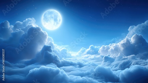 A bright full moon illuminates a serene night sky filled with fluffy clouds and twinkling stars.