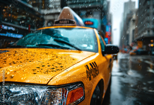 Yellow taxi cab parked on a rainy city street with raindrops on the windshield