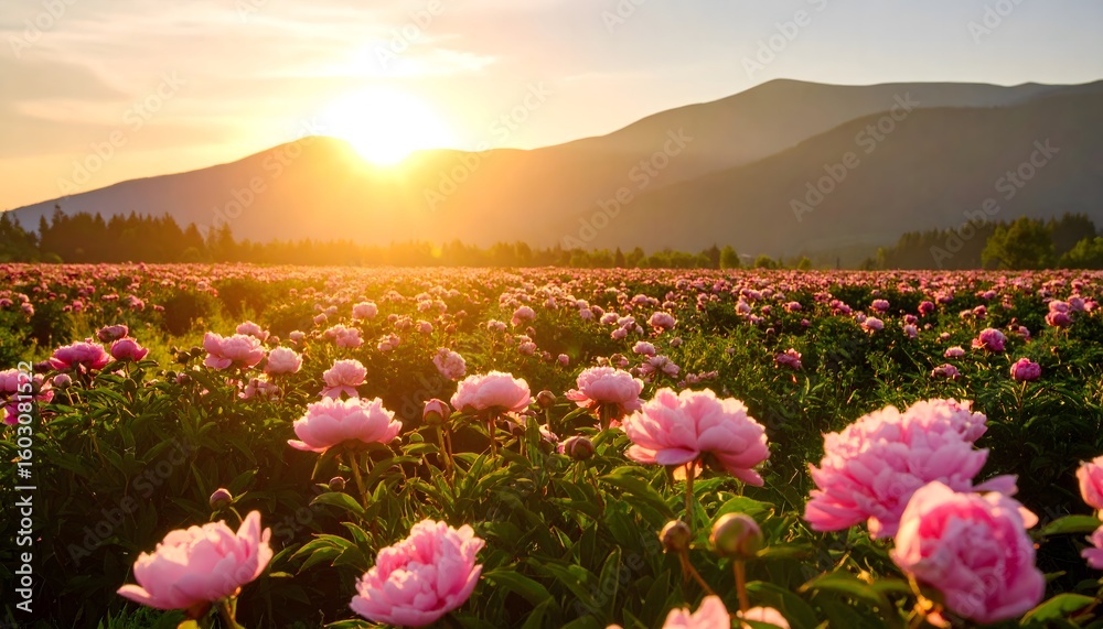 Fototapeta premium Pink peony field at sunset landscape