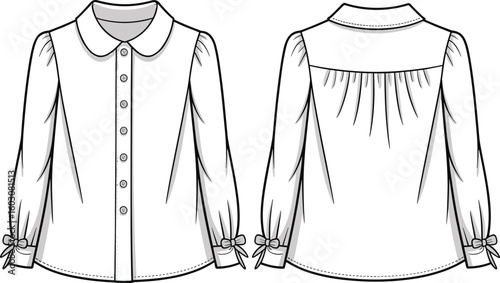 Elegant blouse with bow cuffs, pleated back, long sleeves, collar detail, front and back view, sewing pattern, cad drawing flat vector illustration