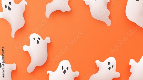 White ghost-shaped cutouts with black eyes and mouths scattered on an orange background, evoking a Halloween theme.