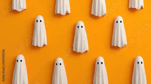 Repeated white ghost figures with black eyes on an orange background, creating a playful Halloween-themed pattern.