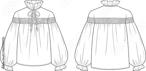 Victorian-inspired blouse with ruffled collar, lace details, voluminous sleeves, front and back view, sewing pattern, fashion sketch, cad drawing flat vector illustration