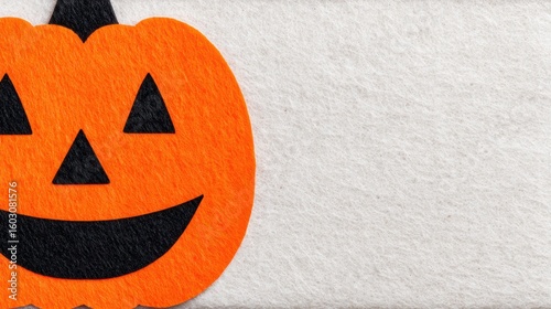 A bright orange jack-o'-lantern with a classic smiling face is set against a textured white background, evoking a festive Halloween atmosphere.