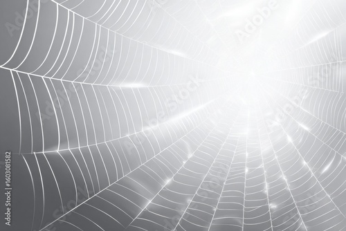 A close-up of a spider web glistening with light, highlighting its intricate and delicate strands.