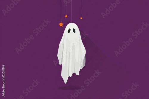 A simple illustration of a white ghost with black eyes floating against a purple background with hanging orange stars.