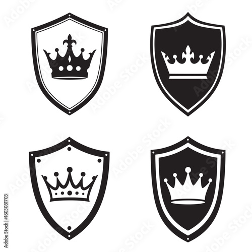 Collection of vintage art featuring shield emblems with crown designs in black and white silhouettes suitable for royal and heraldic branding purposes.