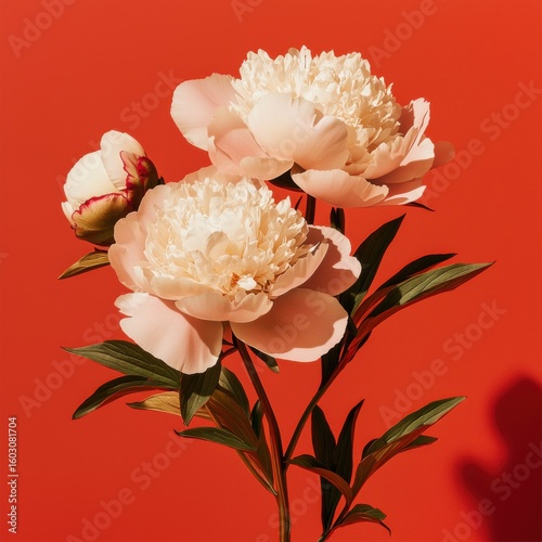 Three delicate pale pink peonies with lush green leaves stand out vividly against a bold red background, highlighting their soft petals and intricate textures.