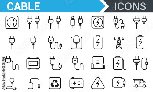 Set of Modern Power and Electrical Connection Icons, Including Sockets and Chargers