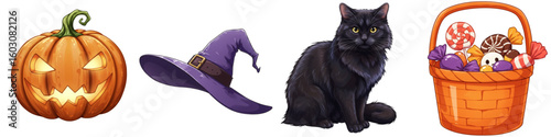 Halloween isolated attribute set with pumpkin, witch hat, black cat, basket  