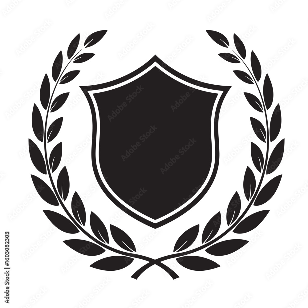 Fototapeta premium Elegant black and white emblem featuring a shield silhouette surrounded by a laurel wreath perfect for vintage art and classic designs.