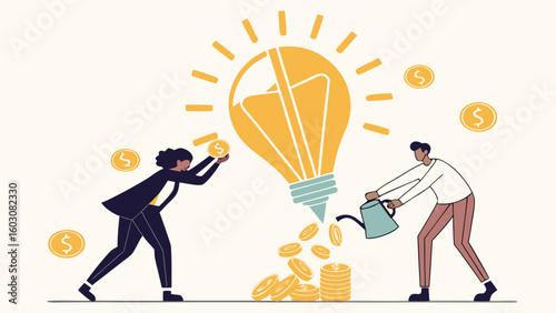 Investors Pouring Pixelated Gold Coins into Holographic Startup – Digital Investment Vector Concept

