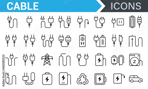Electrical Symbols Pack Featuring Plugs, Charging Cables, and Battery Icons