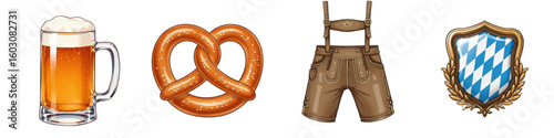 Set of isolated beer mug, pretzel, lederhosen, and Bavarian shield  