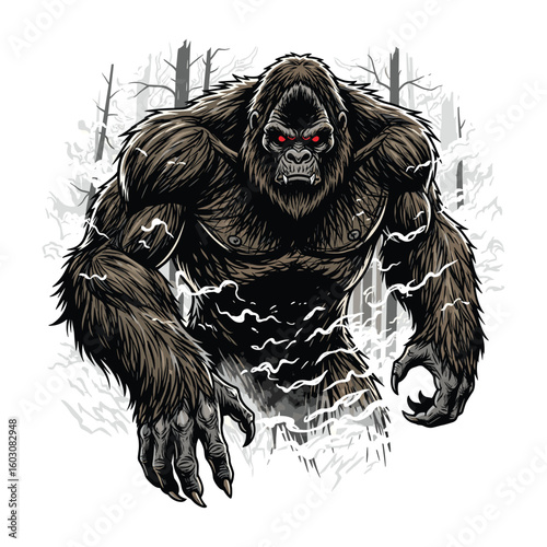 Bigfoot Emerging from the Foggy Woods