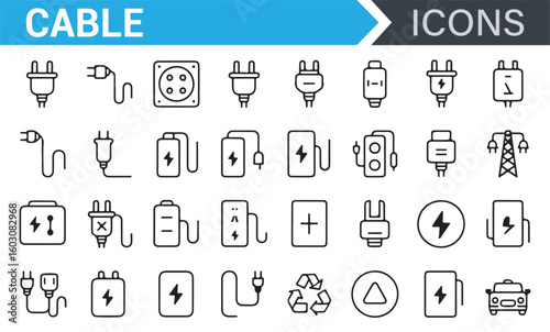 Cable, Plug, Battery, and Power Icons Set, Ideal for Energy and Electrical Representations
