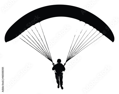 Silhouette of paraglider on white background for extreme sports enthusiasts and outdoor adventure seeking individuals demonstrating recreational activity