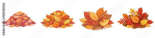 Set of isolated leaf piles with autumn leaves in various arrangements  