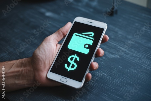 Hand holds a phone, displaying a digital wallet, and dollar sign on dark background, suggesting mobile payment concept.