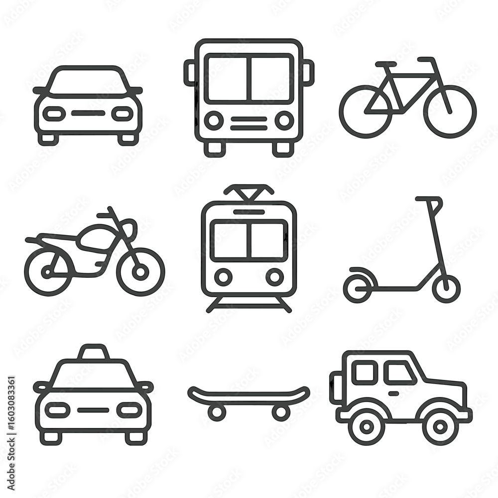 Fototapeta premium Line Style Transport Icons. Line style icons of land transportation: car, bus, bicycle, motorcycle, tram, electric scooter, taxi,