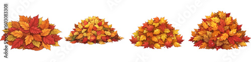 Set of isolated leaf piles with autumn leaves in various arrangements  