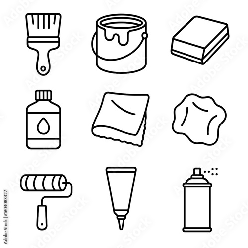 Finishing Tools Icons. Line style icons of finishing tools and materials: paintbrush, stain can, sanding block, varnish bottle,