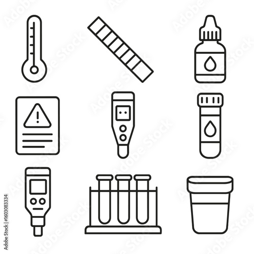 Water Test Icons. Line style icons of water parameters and test kits: thermometer, pH test strip, nitrate test bottle, ammonia