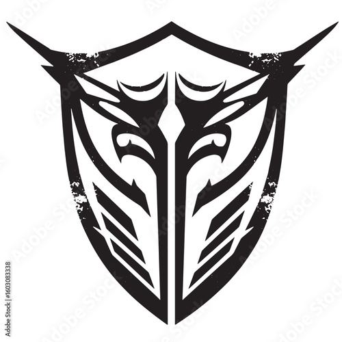 Intricate black and white vintage art shield emblem design with sharp angular elements and a grunge texture perfect for graphic design.